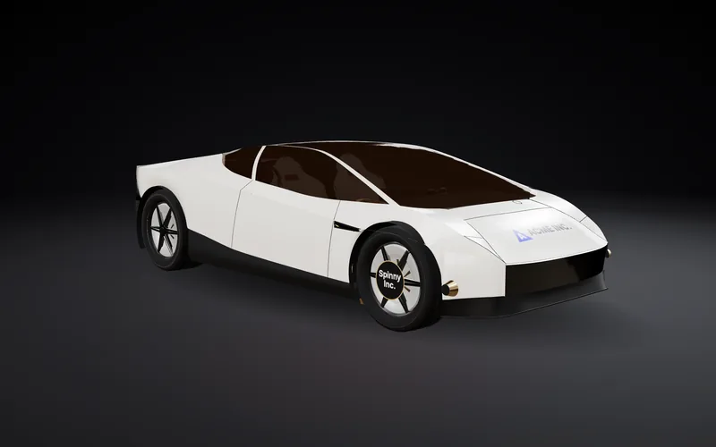 3D render of the car, front three-quarter view, with example sponsor logos